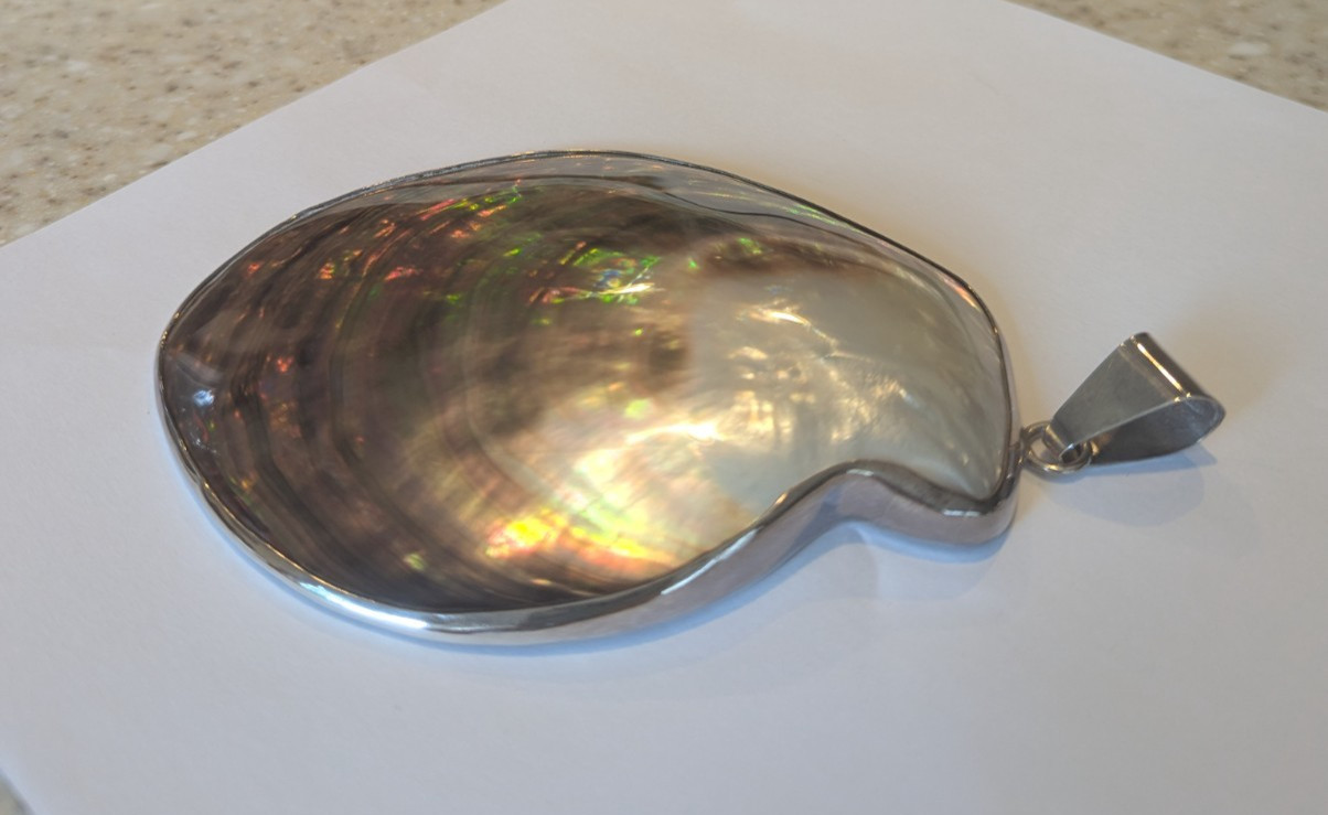 Charles Albert Irridescent black pearl shell pendant framed in simple silver set