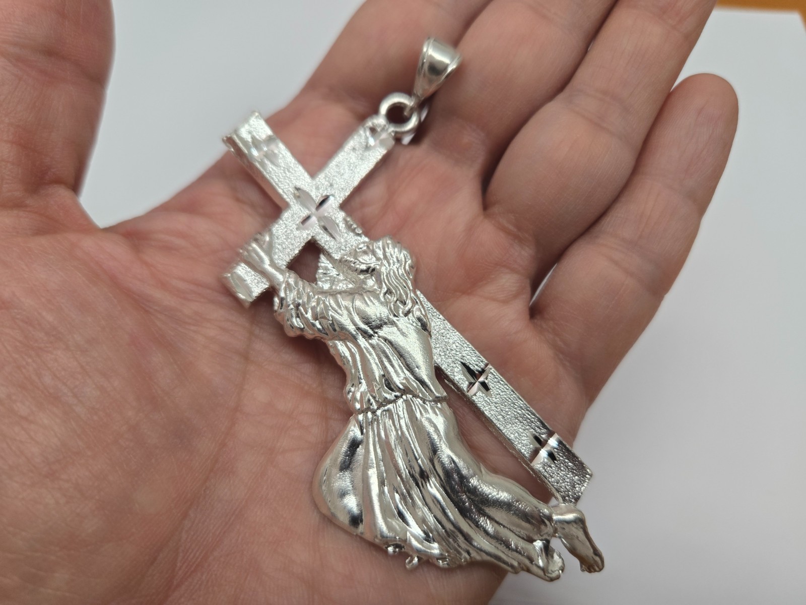 925 Sterling Silver Jesus Carrying Cross Pendant 3 1/2 (88mm) Inch Tall