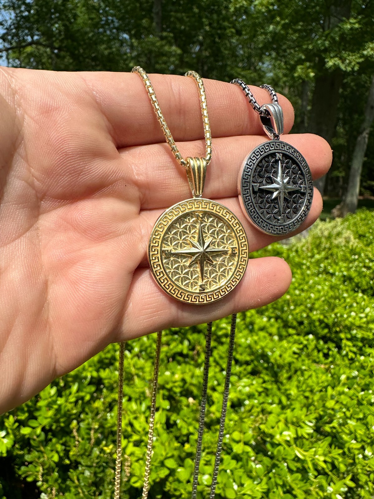 Real 925 Silver / 14k Gold Plated North Star Compass Medallion Pendant Necklace