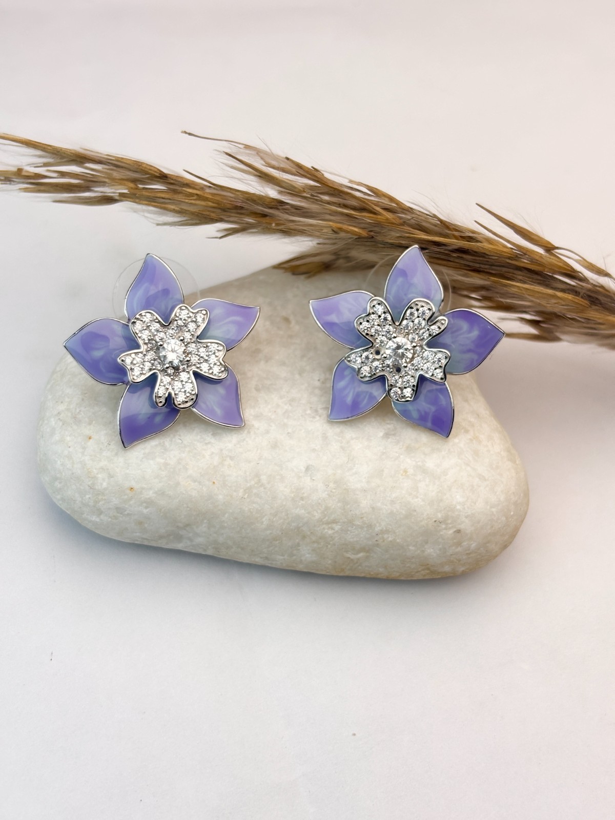 925 Silver Purple Flower P.set without chain CZ Enamel Floral For Women