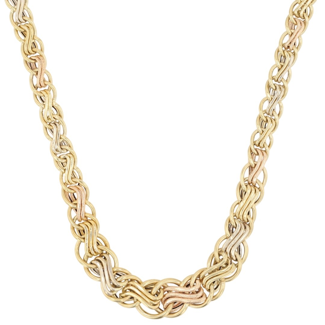 9.5mm Graduated Fancy Link Chain 18.25″ Necklace 18k Multi-Tone Gold 9.87 Grams