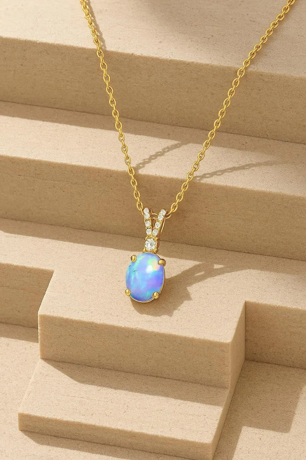 Blue Opal Gemstone Oval Charm Pendant Necklace, Natural Opal Gemstone Necklace
