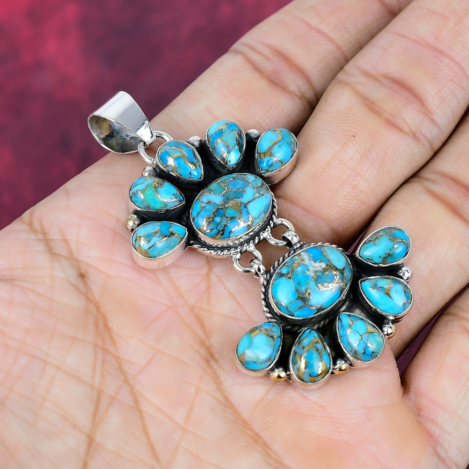 Blue Copper Turquoise Gemstone Handmade 925 Sterling Silver Jewelry Pendant