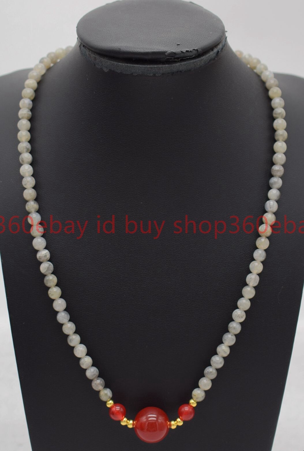 Natural 4mm Gray Labradorite Round Gemstone Beaded Red Agate Necklace 16-28in