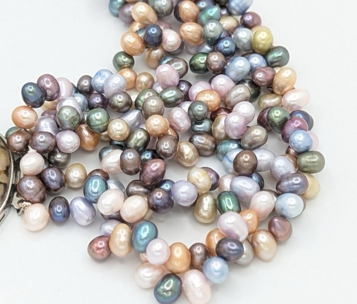 Unbranded Pastel Cultured Pearl Triple Strand Necklace With Abalone Clasp 17″
