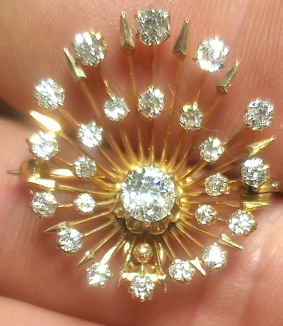 Vintage Natural Diamond Sunburst Brooch Pin Pendant Yellow Gold