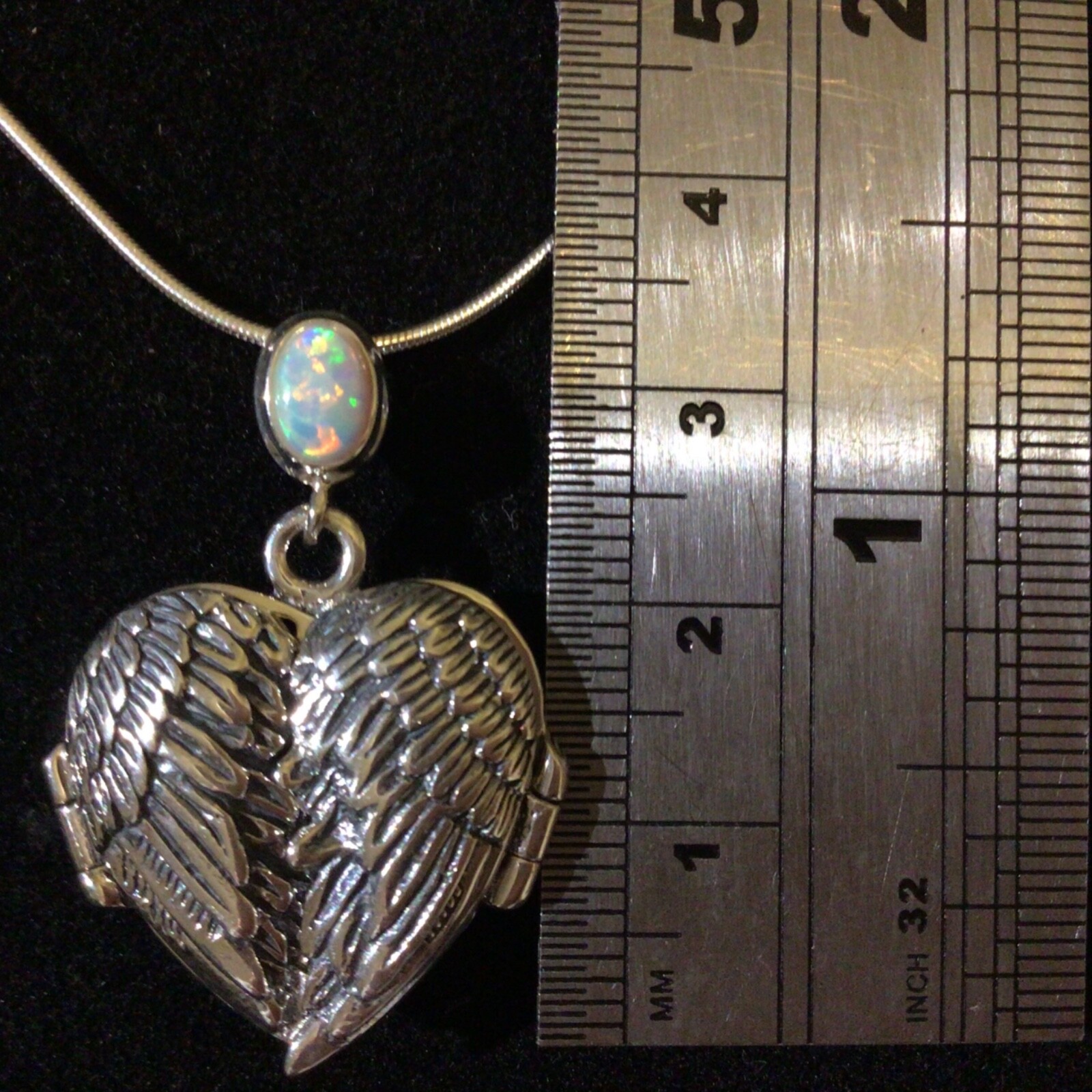 Sterling Silver Fire Opal guardian angel wings Love Heart photo Prayer locket