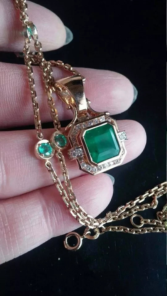 3 Ct Asscher Cut Lab Created Emerald Diamond Halo Pendant 14K Yellow Gold Finish