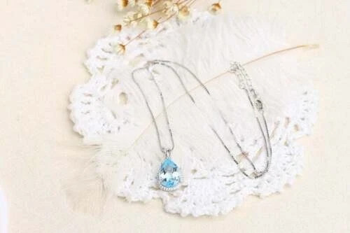 2.00Ct Pear Cut Lab Created Aquamarine Halo Pendant 14K White Gold Silver Plated