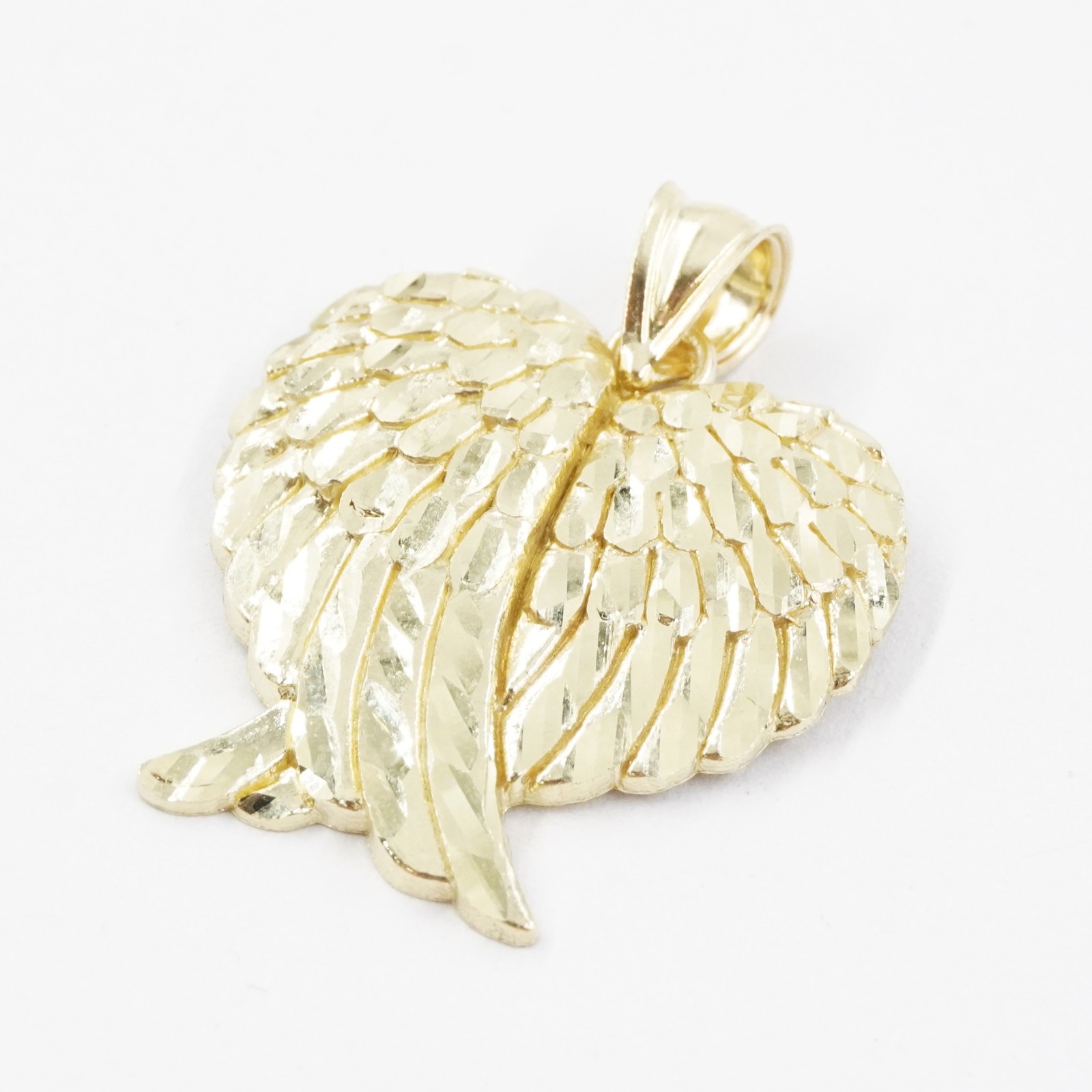 BAYAM Real 10K Yellow Gold Diamond Cut Angel Wings Heart 1 & 3/8in Pendant