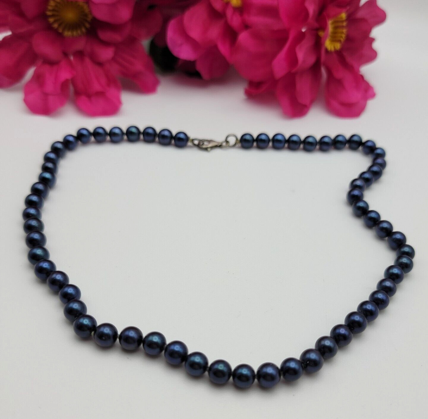 Natural Pearl Beaded Necklace 17.5 In Blue Sterling Silver Lobster Clasp 6.7 mm