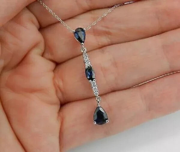 2Ct Pear Cut Blue Sapphire & Diamond Drop Pendant Necklace 14K White Gold Finish
