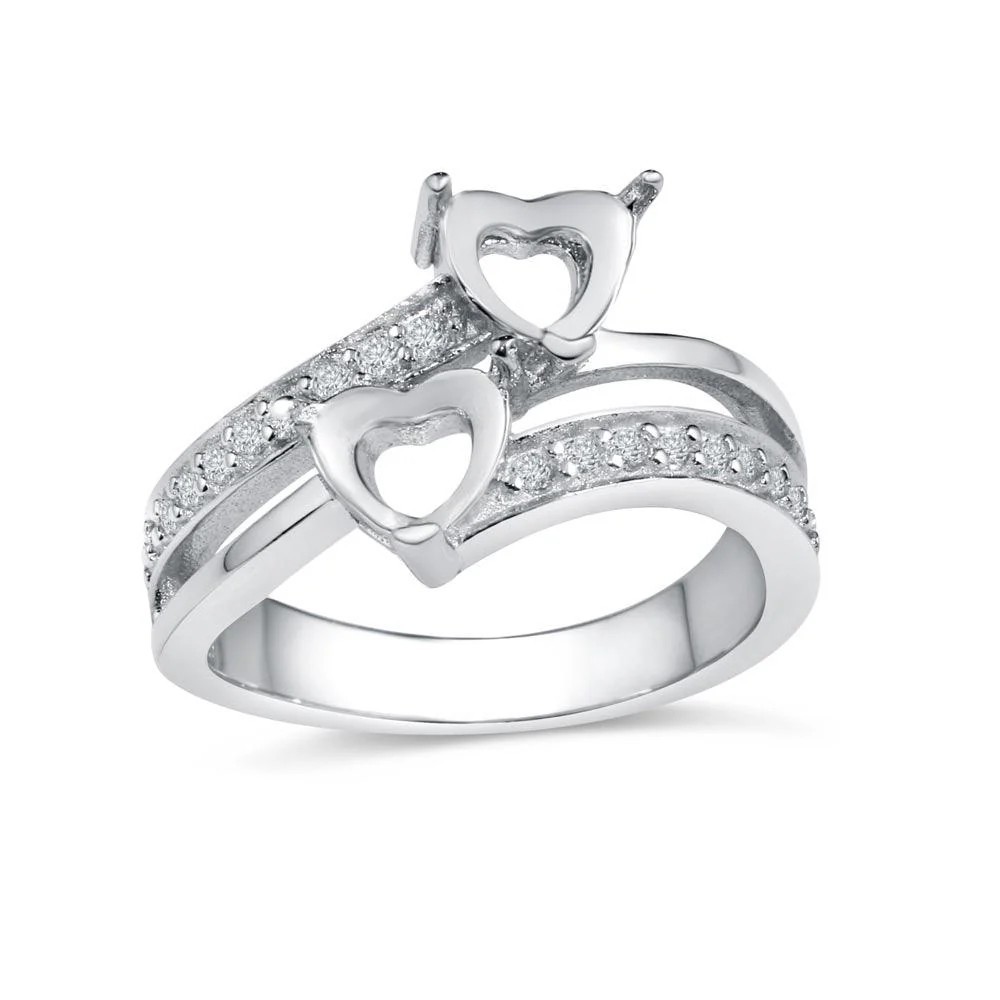 Sterling Silver 925 Rhodium Plated Double Heart Ring with CZ