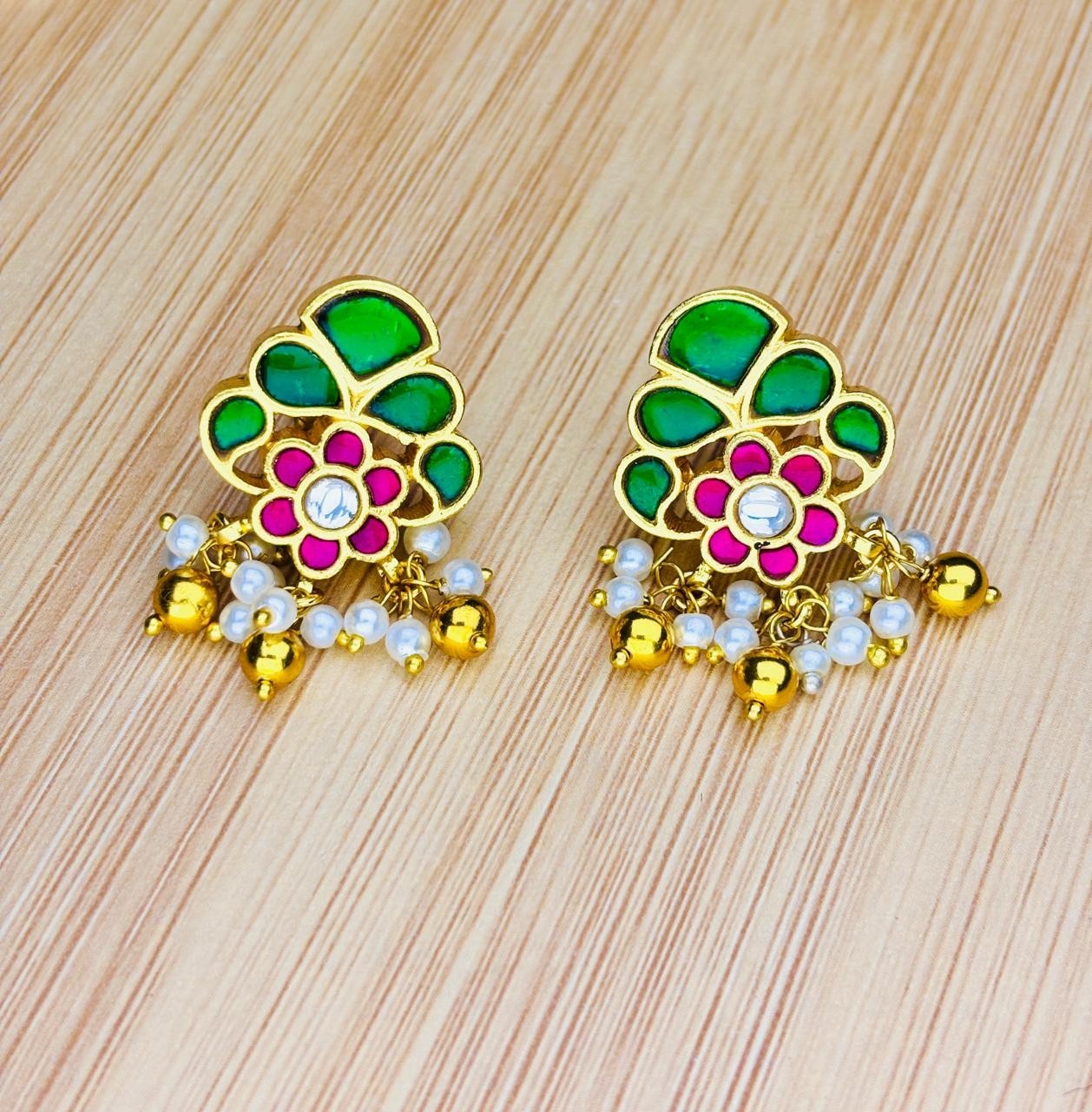 925 Silver Green Pink Floral Pendant Set Gold Plated Pearl Jewelry For Women