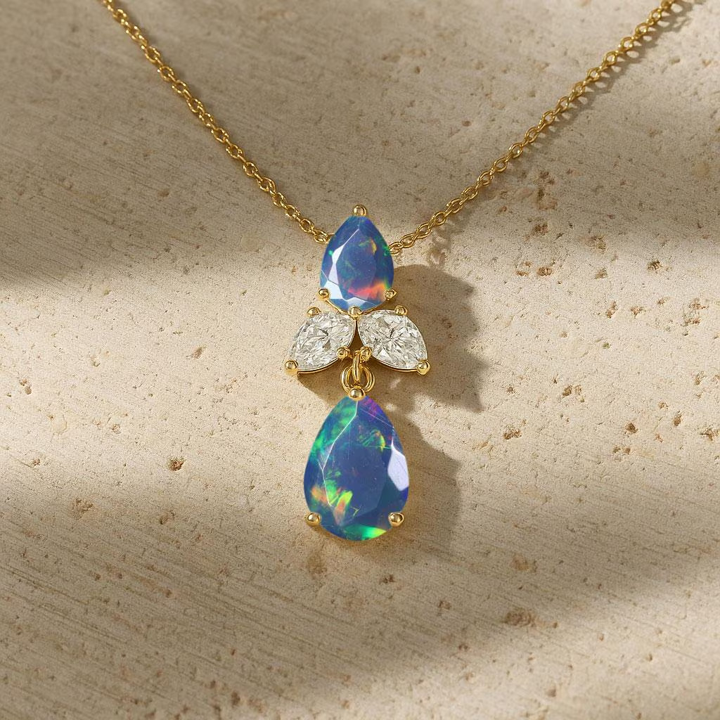 Fire Black Opal Gemstone Unique Charm Pendant, Genuine Opal Gold Chain Pendant