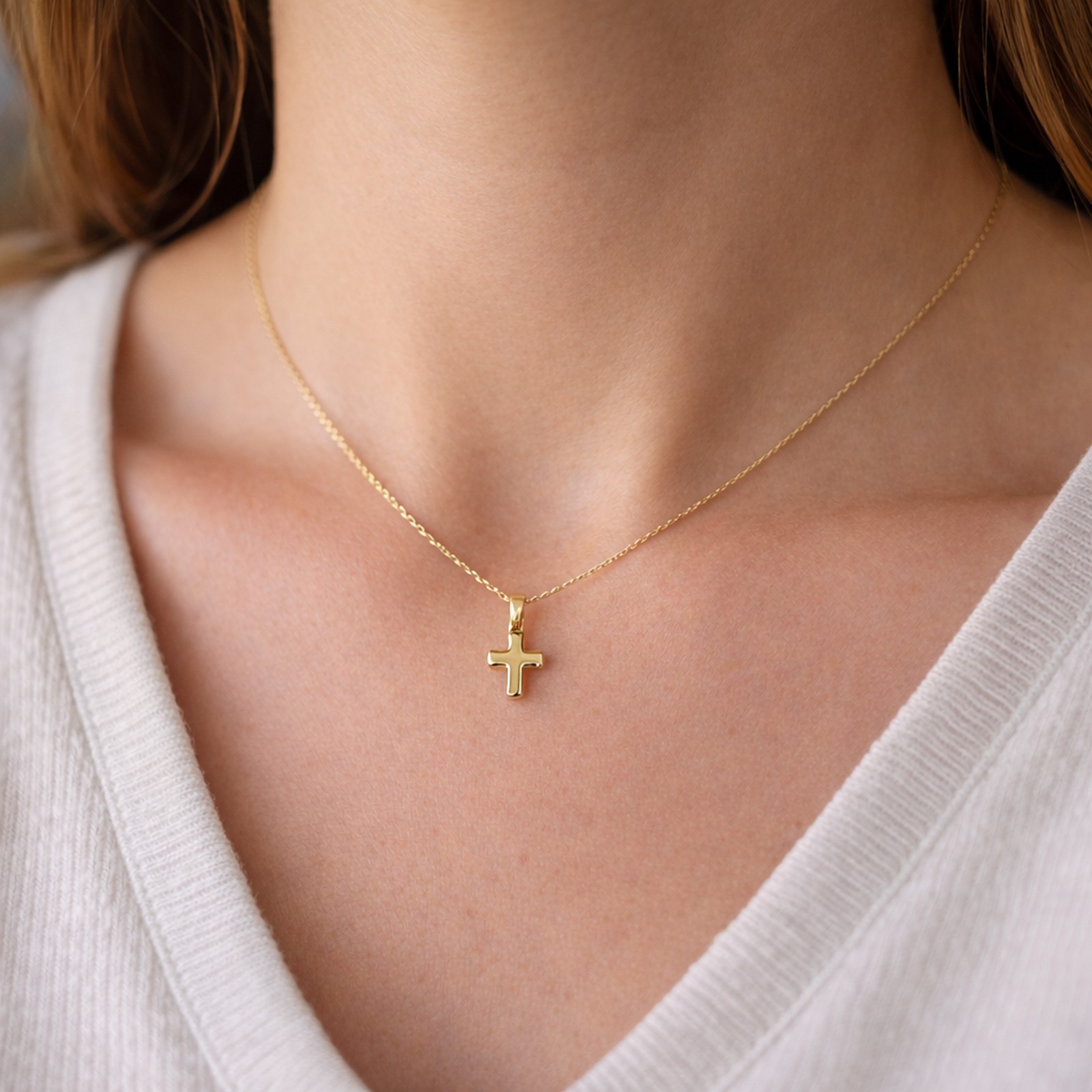 14K Gold Plain Cross Pendant 0.75in Polished Finish