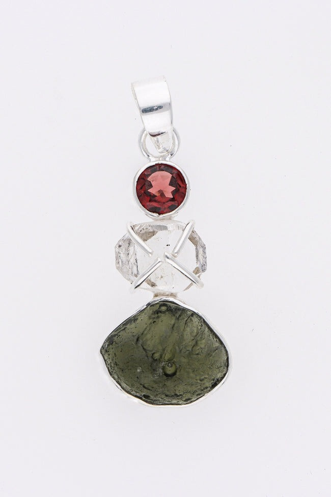 Czech Moldavite, Herkimer Diamond & Garnet 925 Sterling Silver Women Pendant
