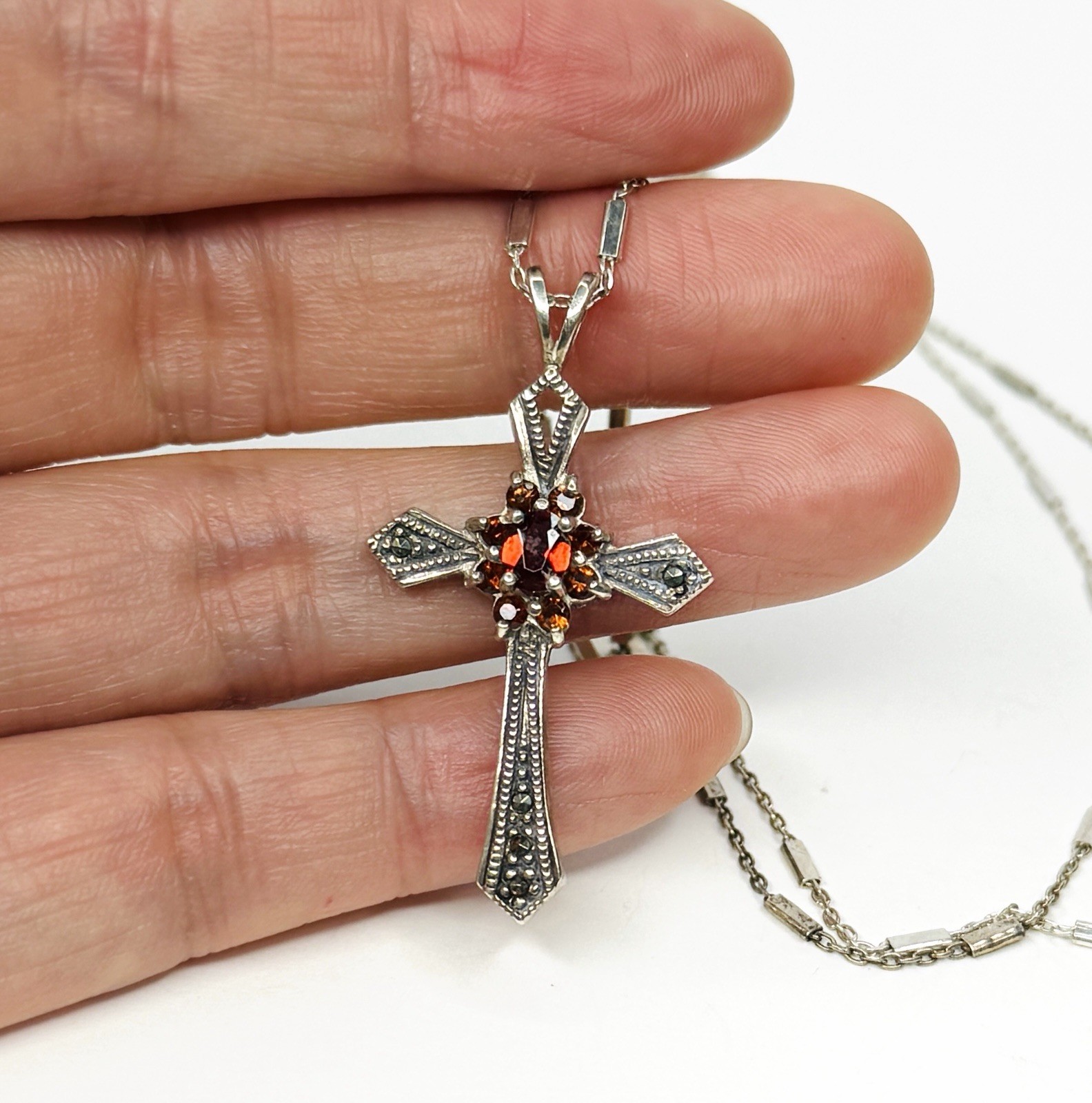 925 Sterling Silver Garnet Marcasite Cross Pendant Unique Italy 925 Necklace 24”