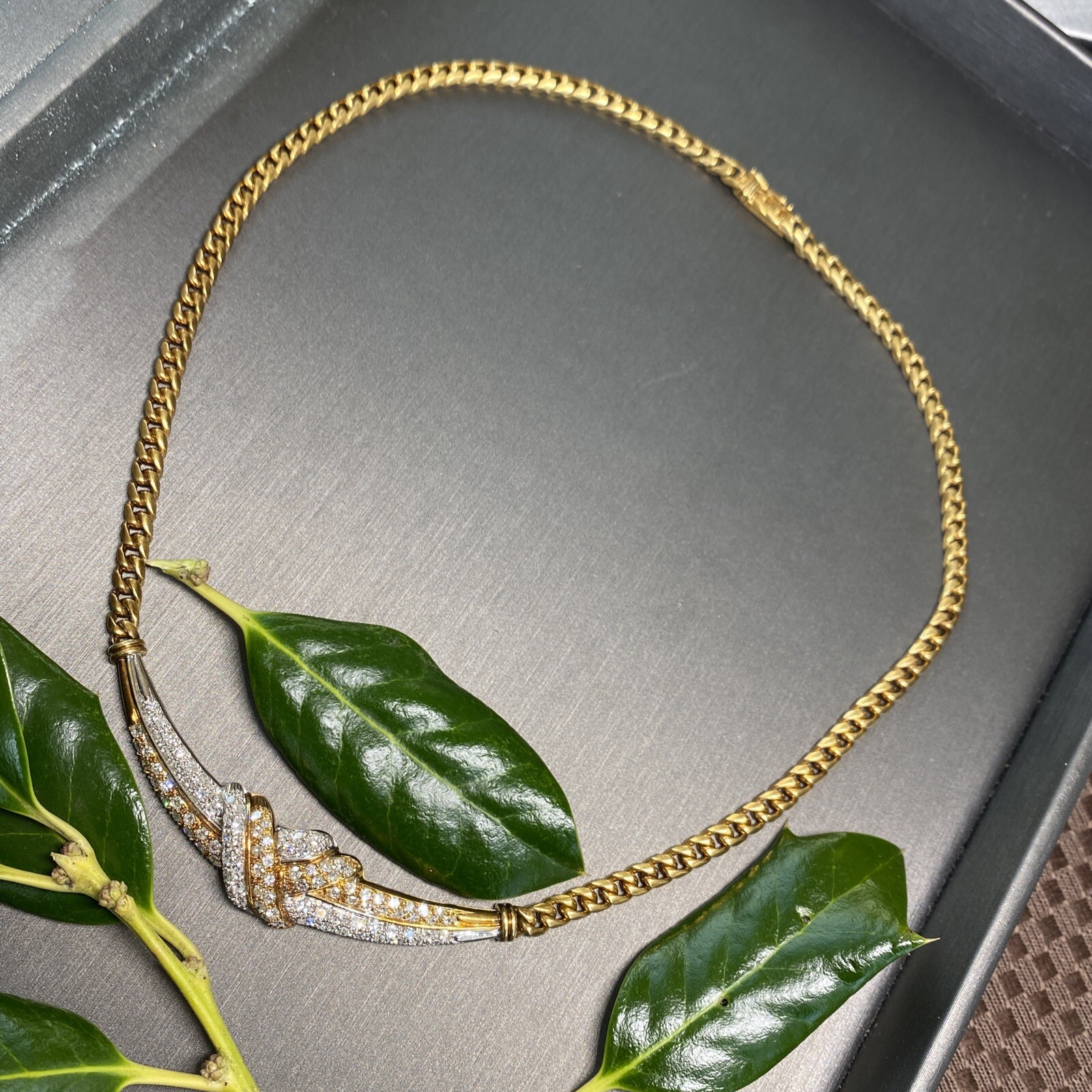 18K Yellow White Gold Diamond Love Knot X Crescent Vintage Cuban Chain Necklace