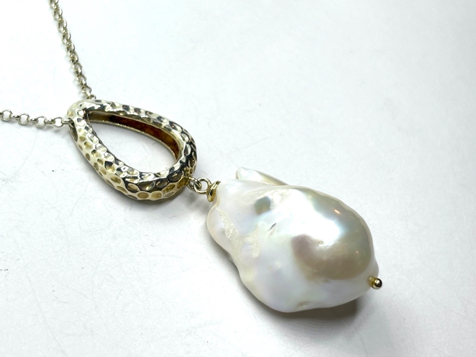Sterling Silver Gilt Large Natural Baroque Pearl Pendant Necklace – 11.2 grams