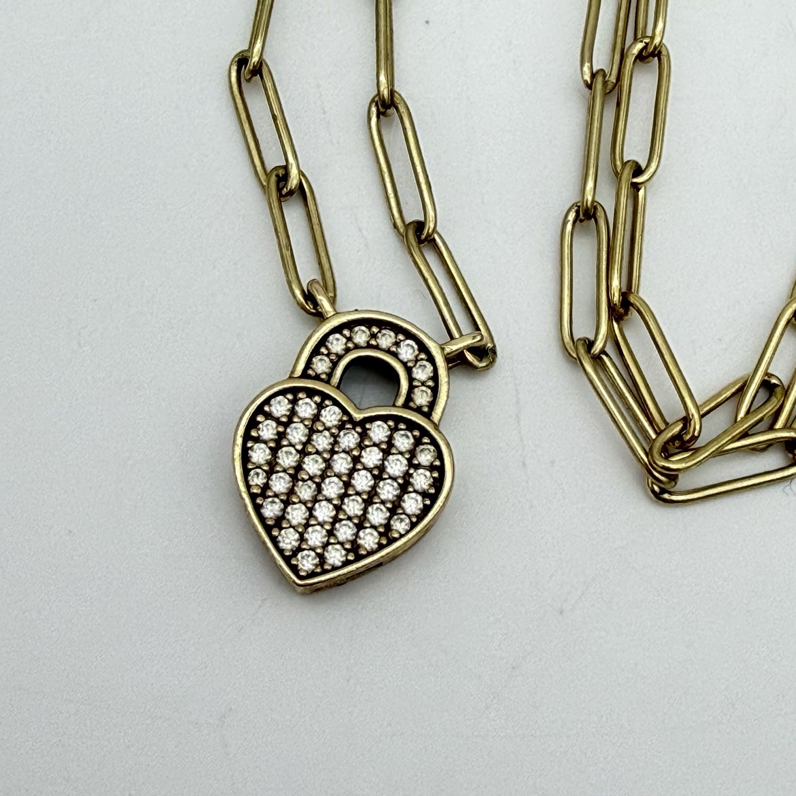 Vtg Sterling Over Gold Pave Diamond Heart Necklace Paper Clip Chain