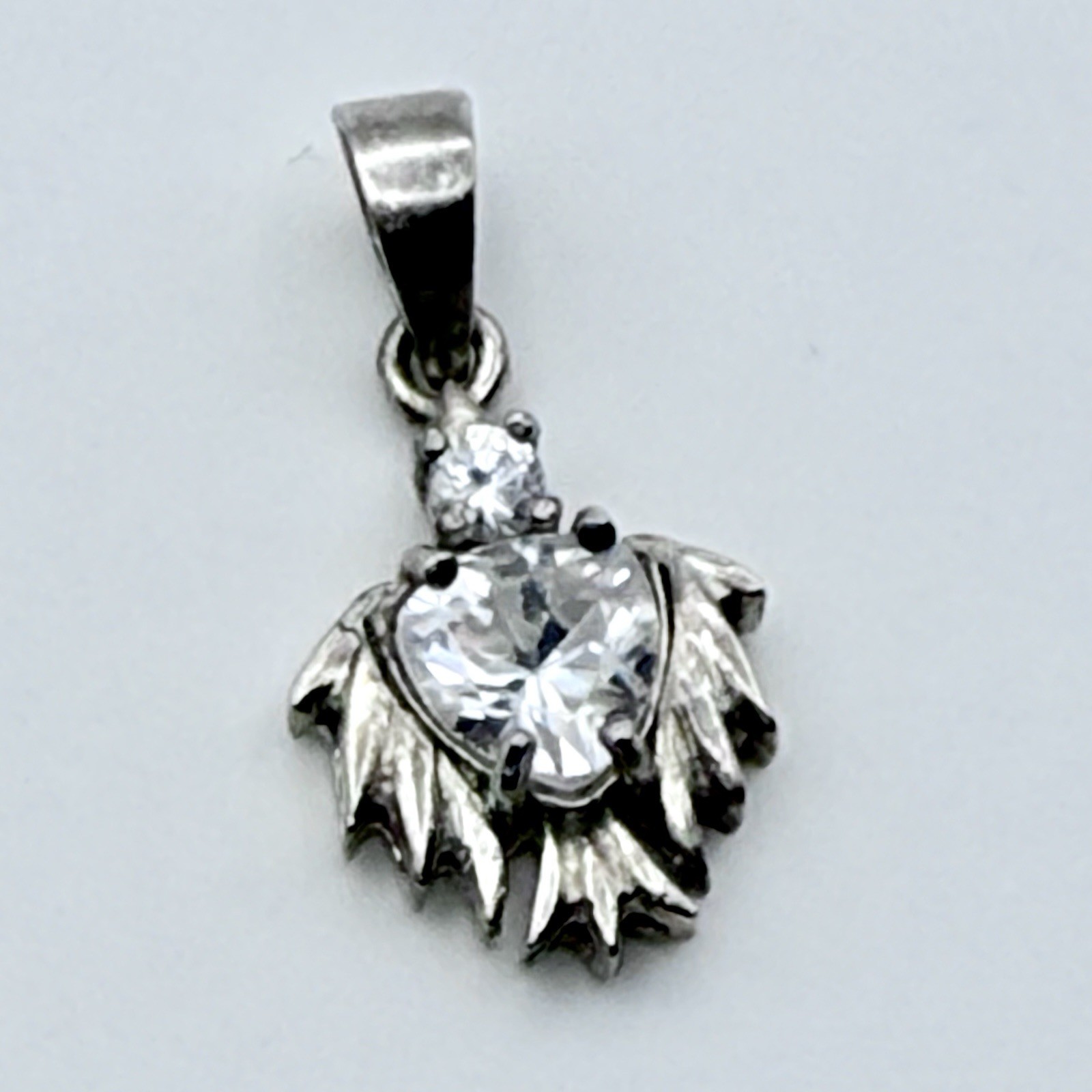 Vintage Sterling Silver 925 CZ Pendant Jewelry Angel Wings Guardian Angel NOS 1”