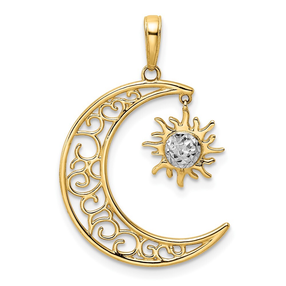 14k Two-tone Gold Diamond-cut Moon and Dangle Sun Pendant 1.53g, L-30.22mm