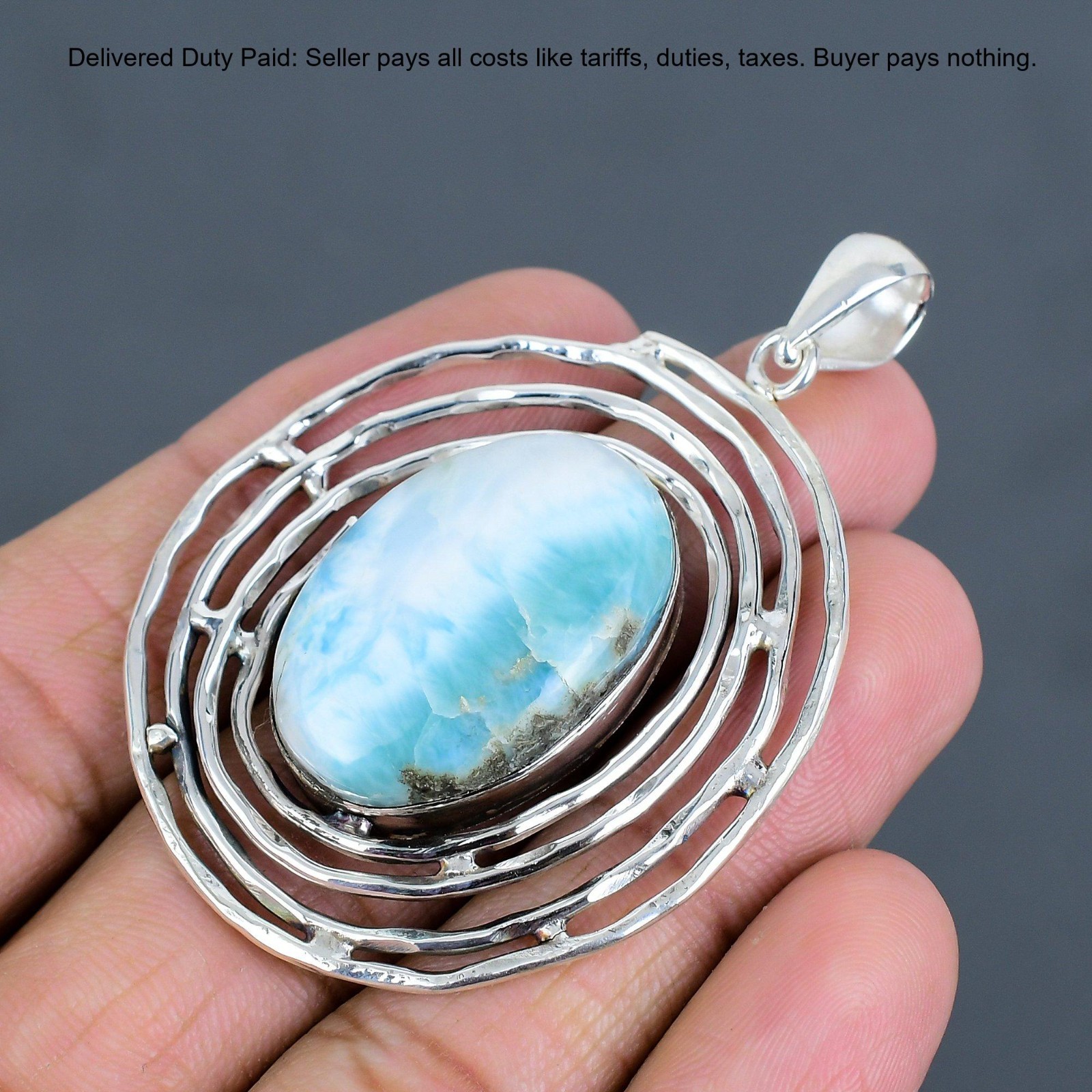 925 Sterling Silver Oval Larimar Gemstone Throat Chakra Birthday Sister Pendant