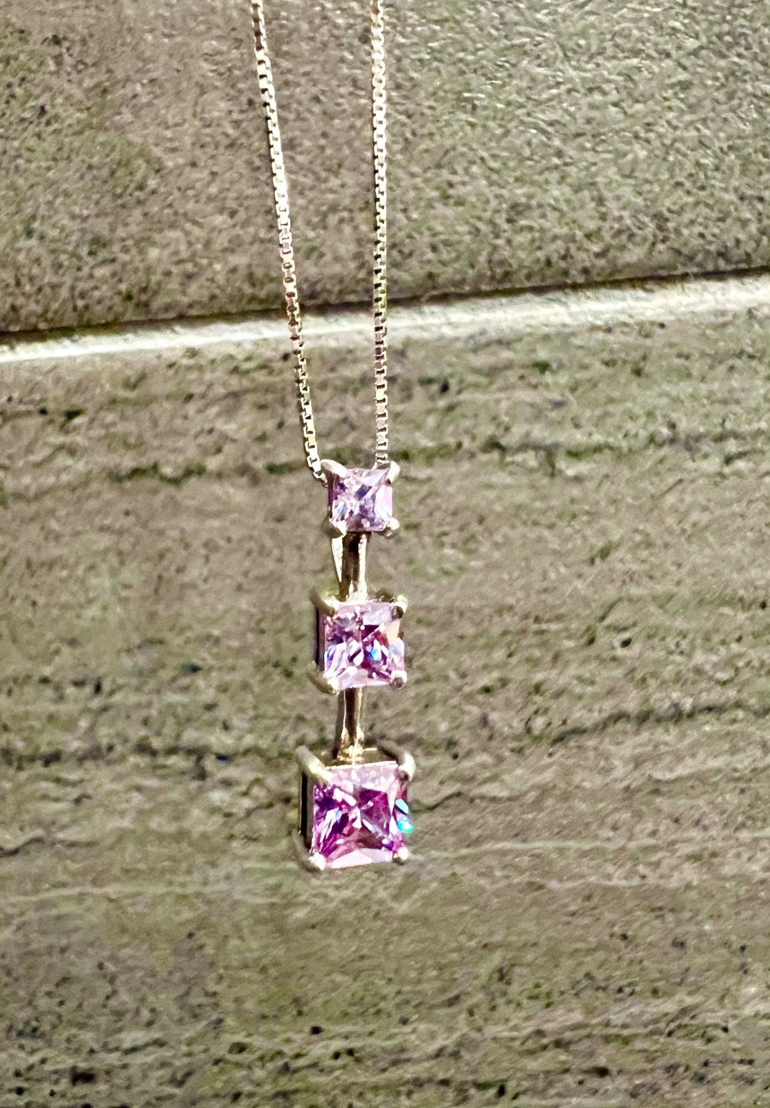 Pretty Sterling Pendant/Necklace w/ 3 Pink Stones on 20” Box Chain Excellent!