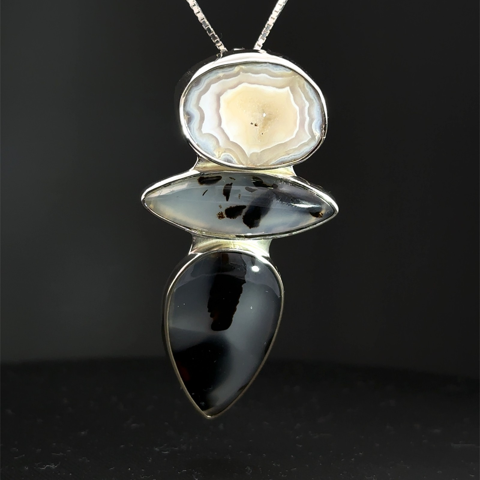 Sterling Silver Agate Druzy And Moss Agate Pendant (1 1/4 x 2 3/8 Inch) STARBORN
