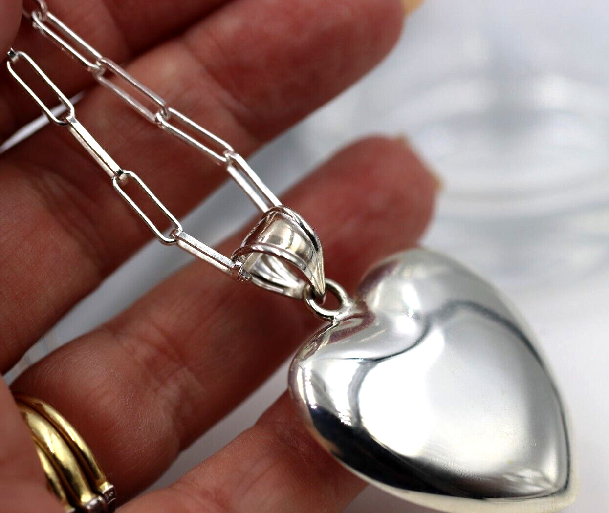 Sterling Silver 925 Paperclip 70cm Necklace + Lg Puffy Heart Pendant -Free Post