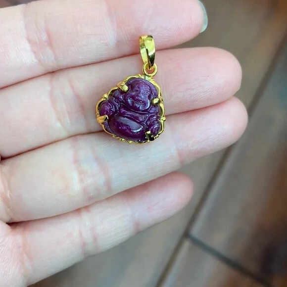 14K Solid Real Gold Laughing Male Buddha Natural Ruby Carved Pendant – Kid Size