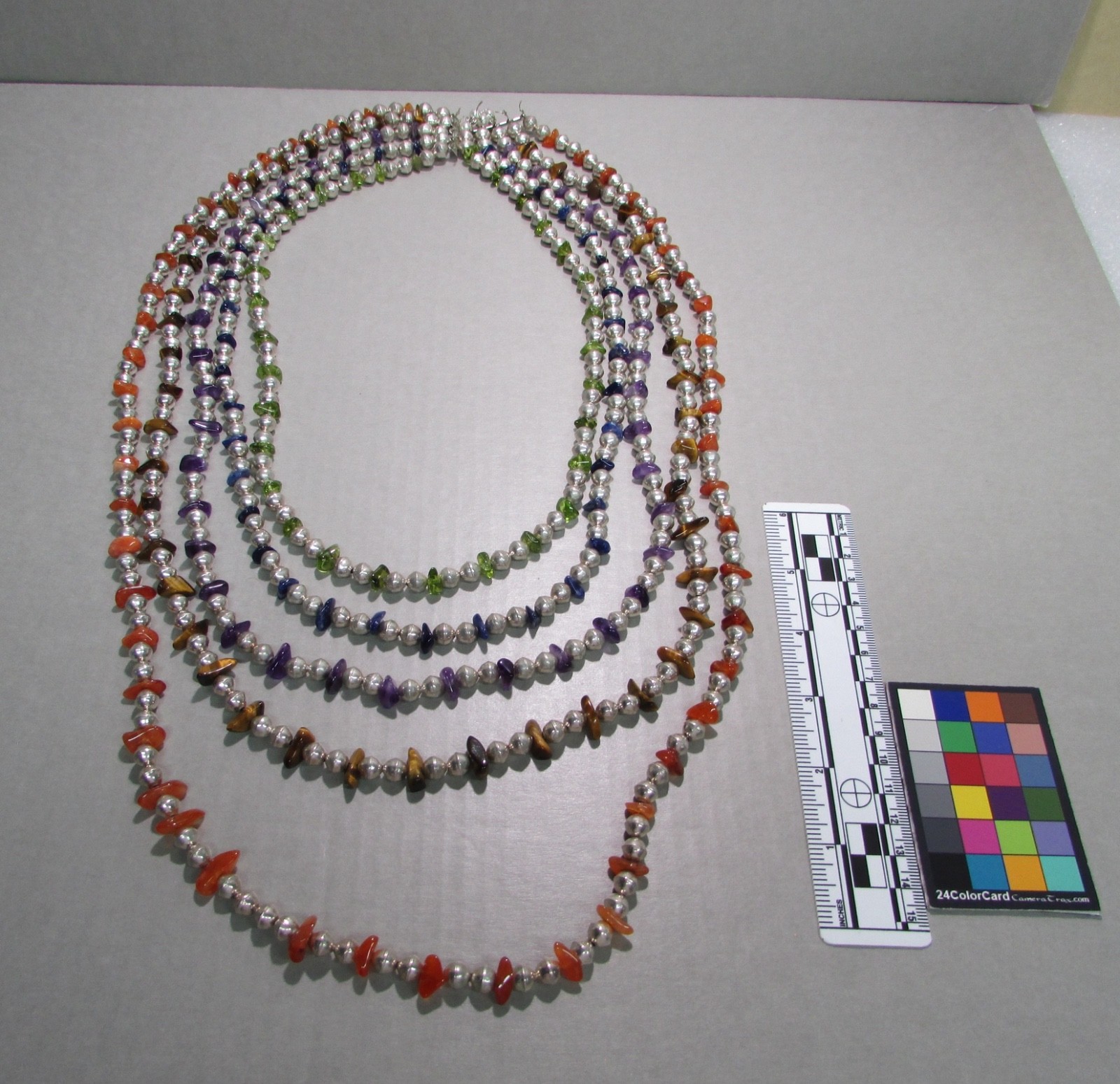 Necklace, 5 Strand 42” long 322 g, sterling and semi precious beads, Mexico