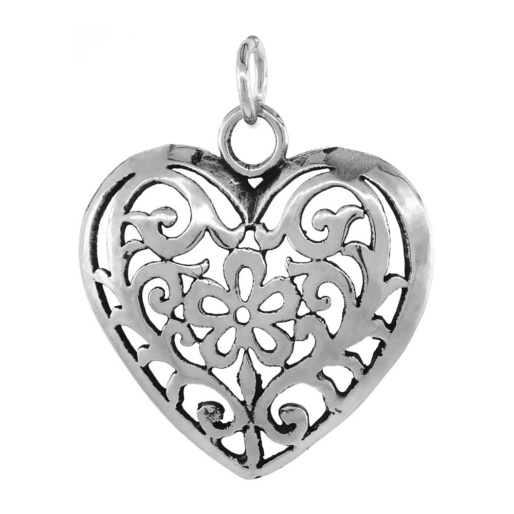 925 Sterling Silver Filigree Flower Heart Pendant 1 1/8 Inch (28mm) Tall