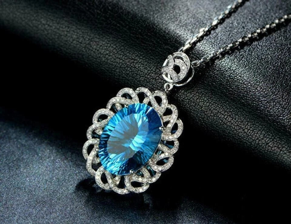 3.50Ct Oval Cut Blue Topaz Diamond Halo Pendant 14K White Gold Finish Free Chain