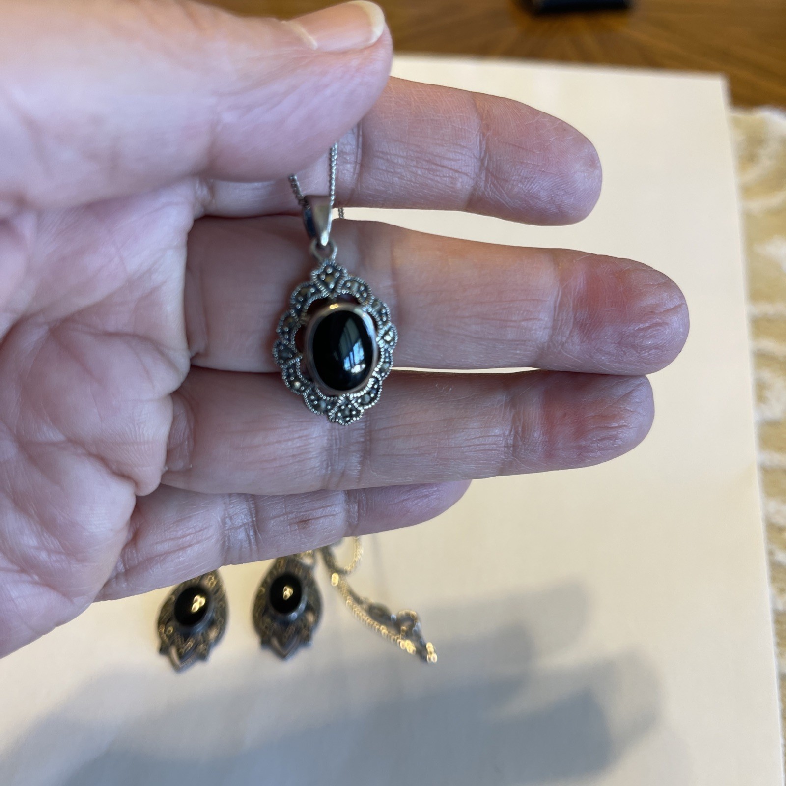 Vintage Sterling Silver Black Onyx Marcasite Filigree Pendant, Chain & Earrings