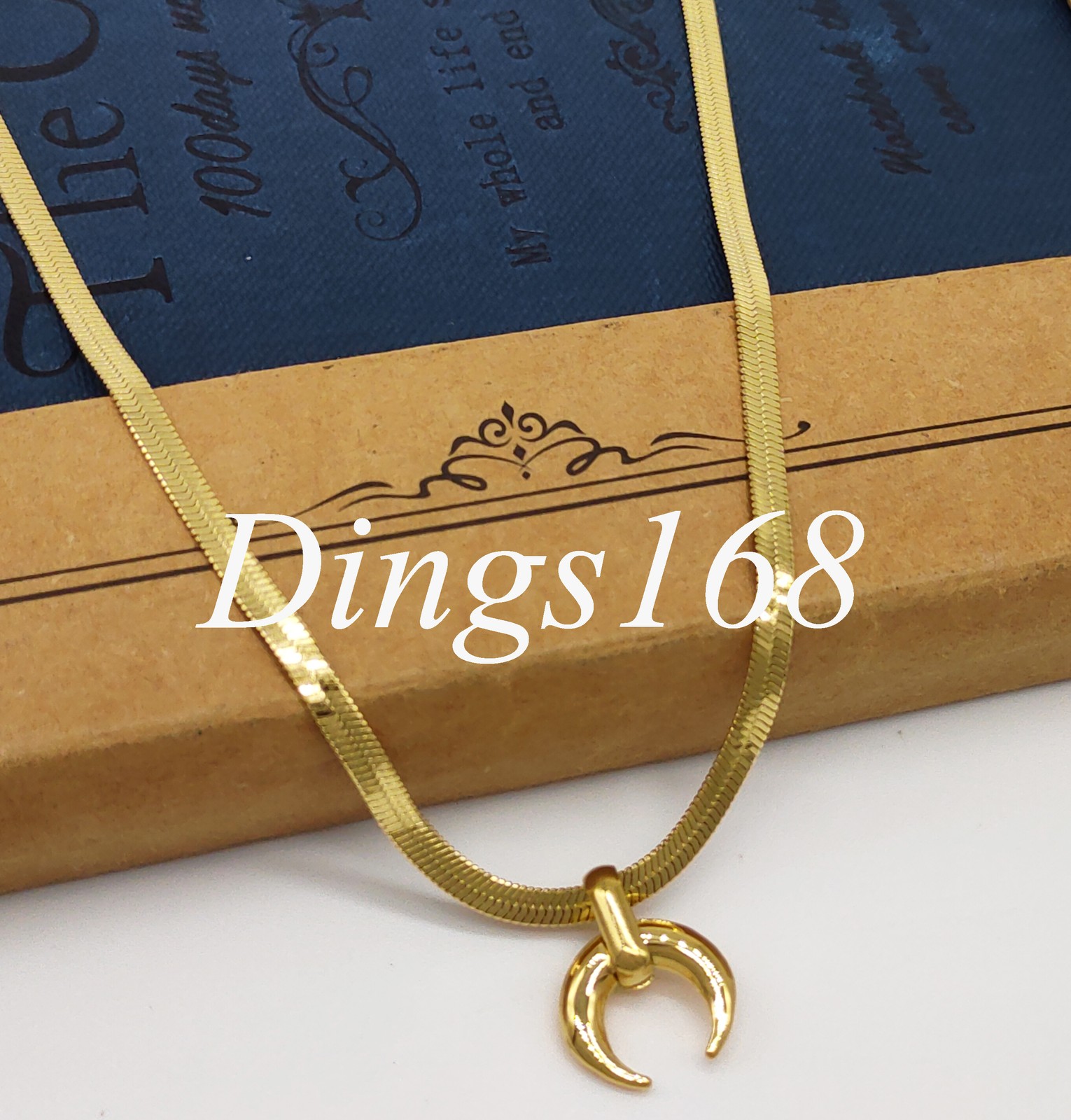 18K Yellow Gold Filled 11mm x 3mm Moon 15+2.4 inch 3mm Cuban Curb Chain Necklace