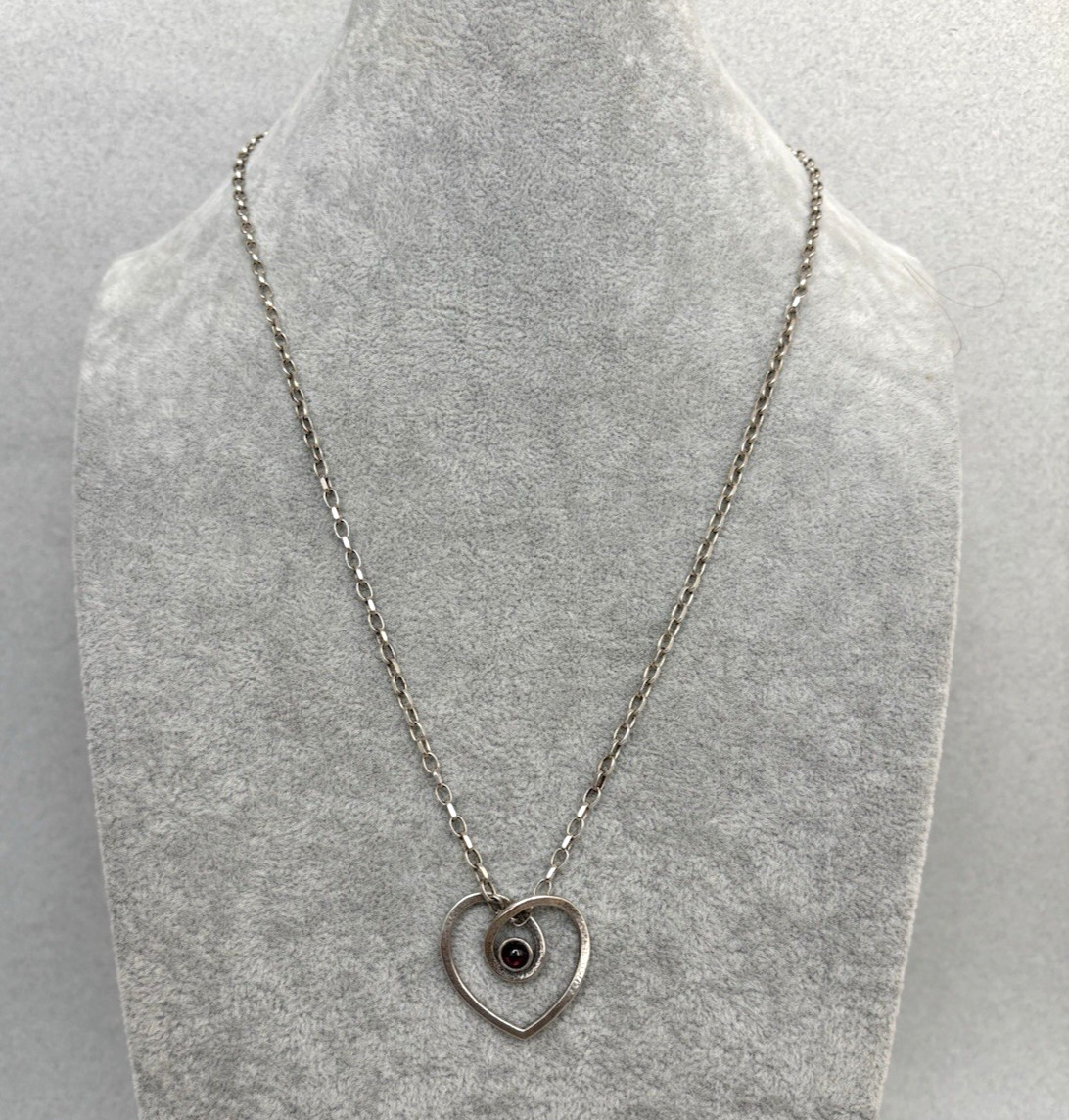 VINTAGE STERLING SILVER STUDIO HEART PENDANT & 925 CABLE CHAIN purple 52cm 21in