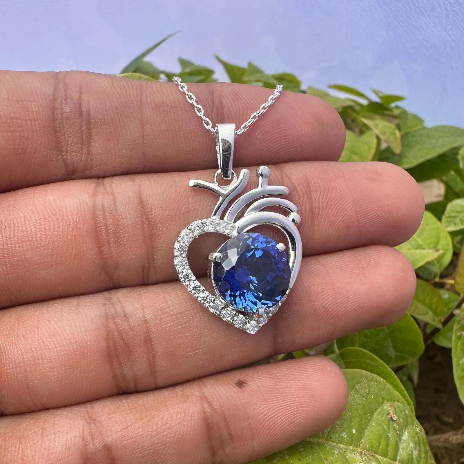 Certified Blue Sapphire 29 Ct Heart Pendant Necklace 925 Sterling Silver