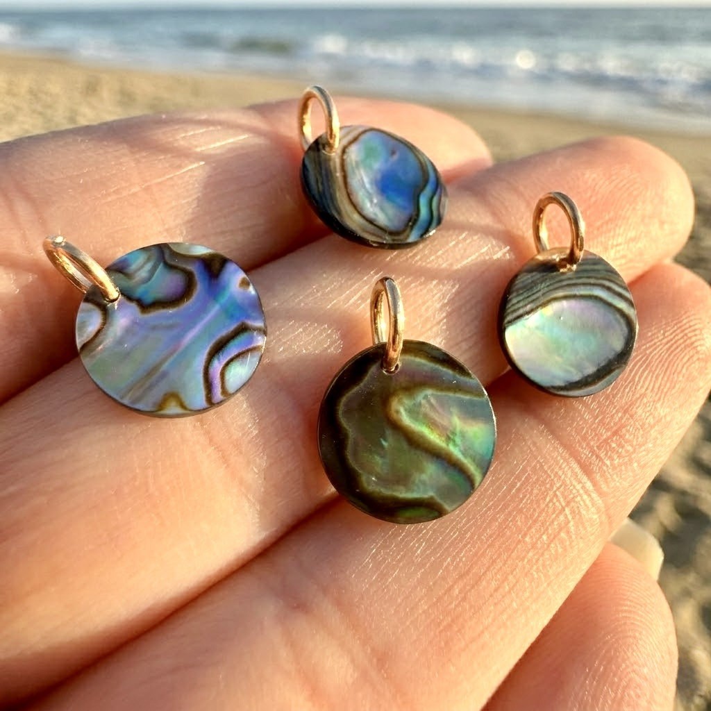 14k Solid Gold Charm • Coastal Abalone Coin Shell Pendant • Beachy Ocean Jewelry