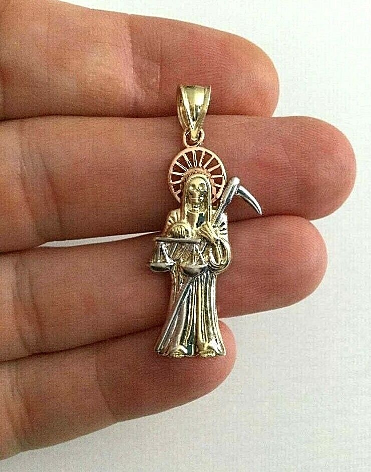 10K SOLID 3 TONE GRIM REAPER PENDANT – 41mm / 1.6 inches GOLD SANTA MUERTE- GP20