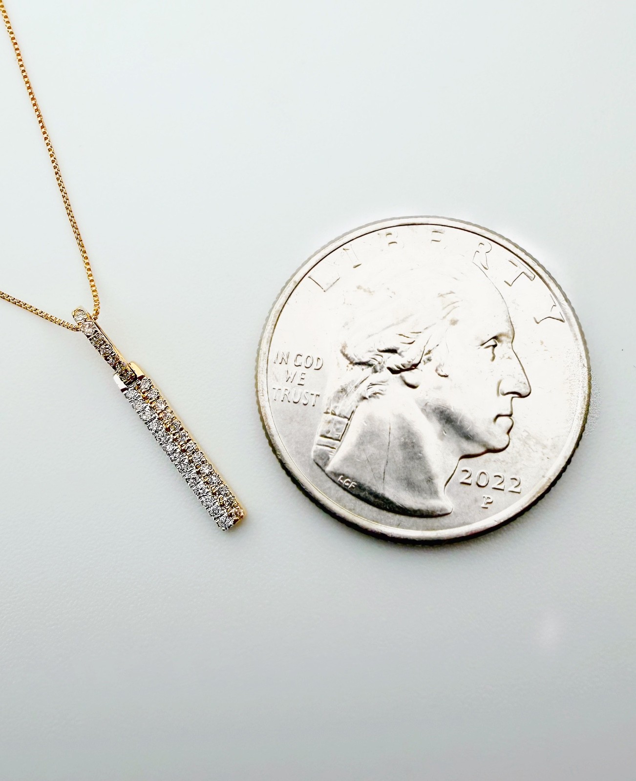 18K Solid Gold Double Bar Pendant Two Tone 0.10ct VS Natural Diamond Necklace