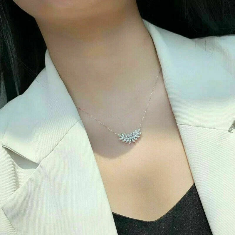 3Ct Round Cut VVS1 Diamond Leaf Shape Pendant 14K White Gold Over 18″ Free Chain