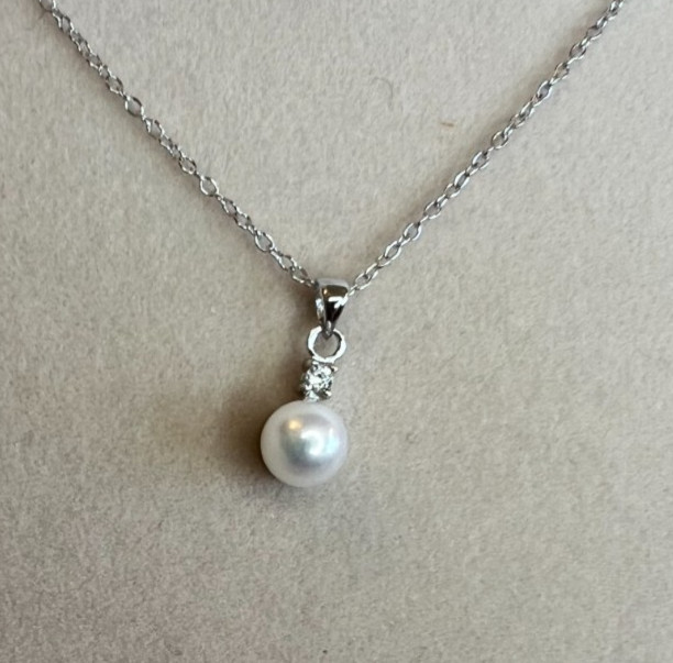 6-7mm white cultured freshwater pearl & white zircon silver pendant w chain NEW