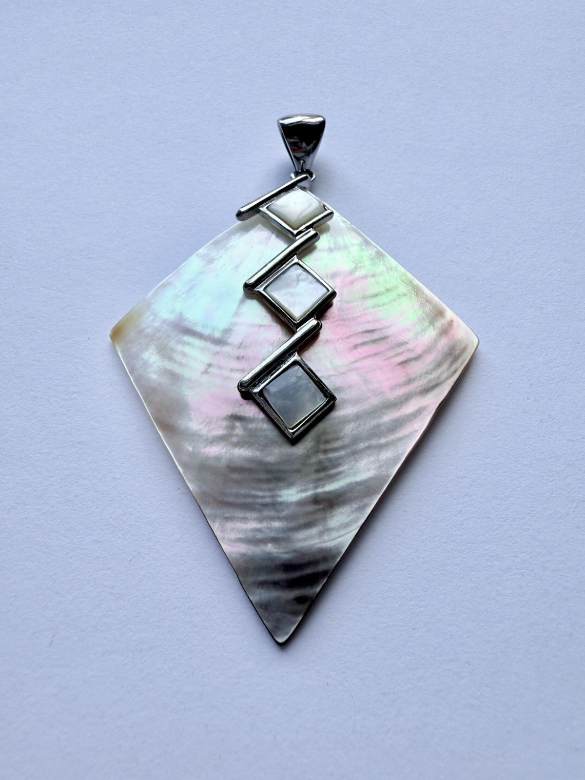 925 Sterling Silver Large Geometric Art Deco Mother of Pearl Pendant Jewelry, 9