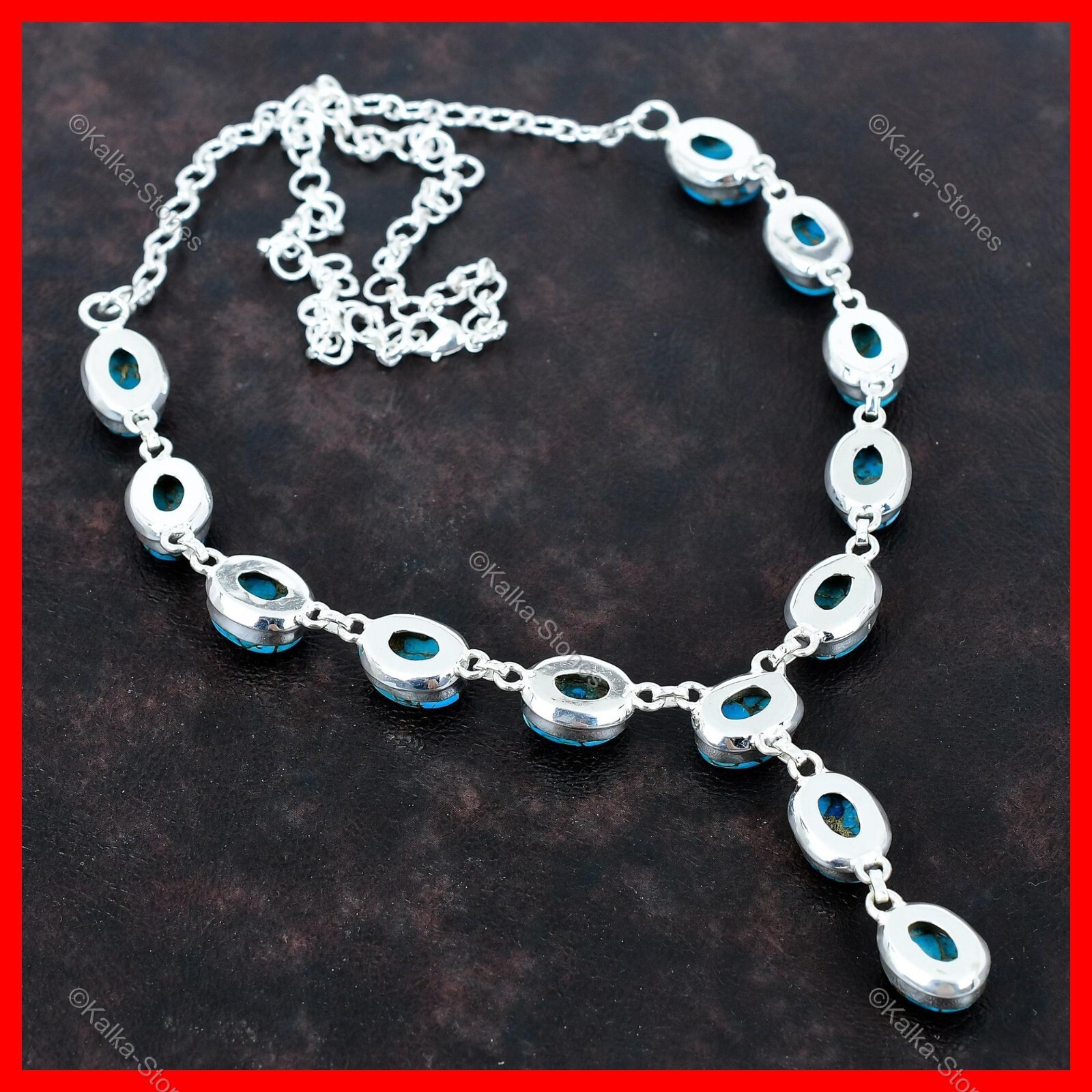 Copper Blue Turquoise Stone Chain Mother Trendy Necklace Jewelry Sterling Silver