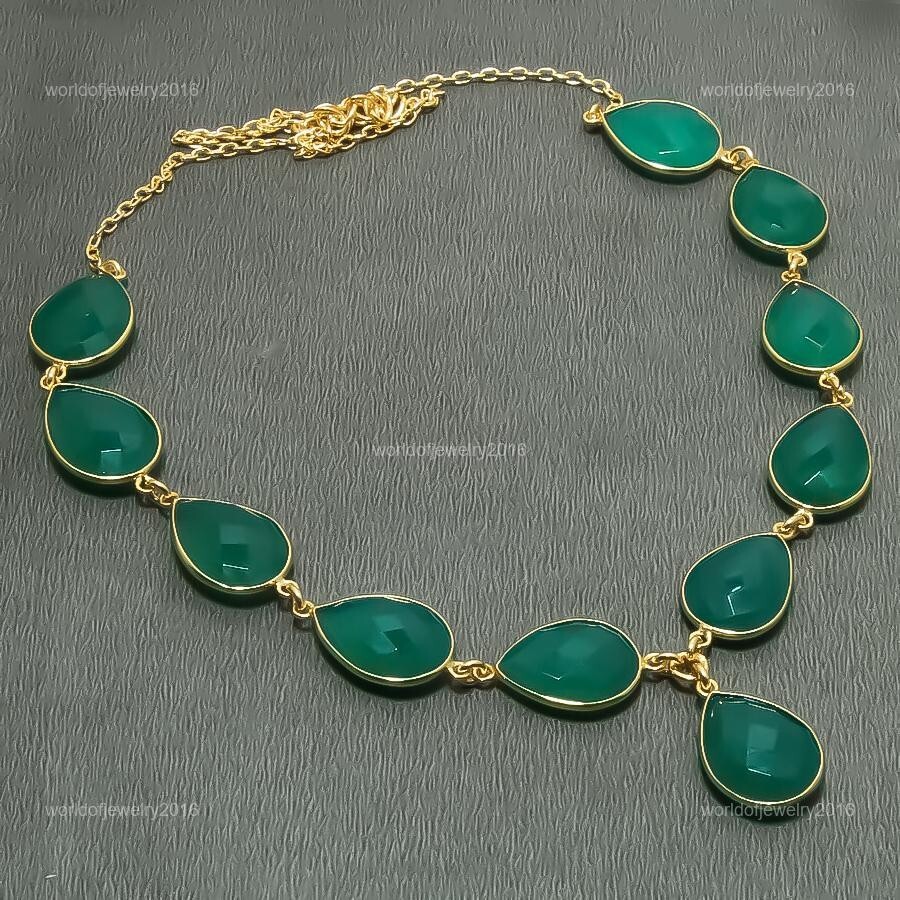 Natural Green Onyx Beaded Anniversary Wife Necklace Jewelry Yellow Gold Vermeil