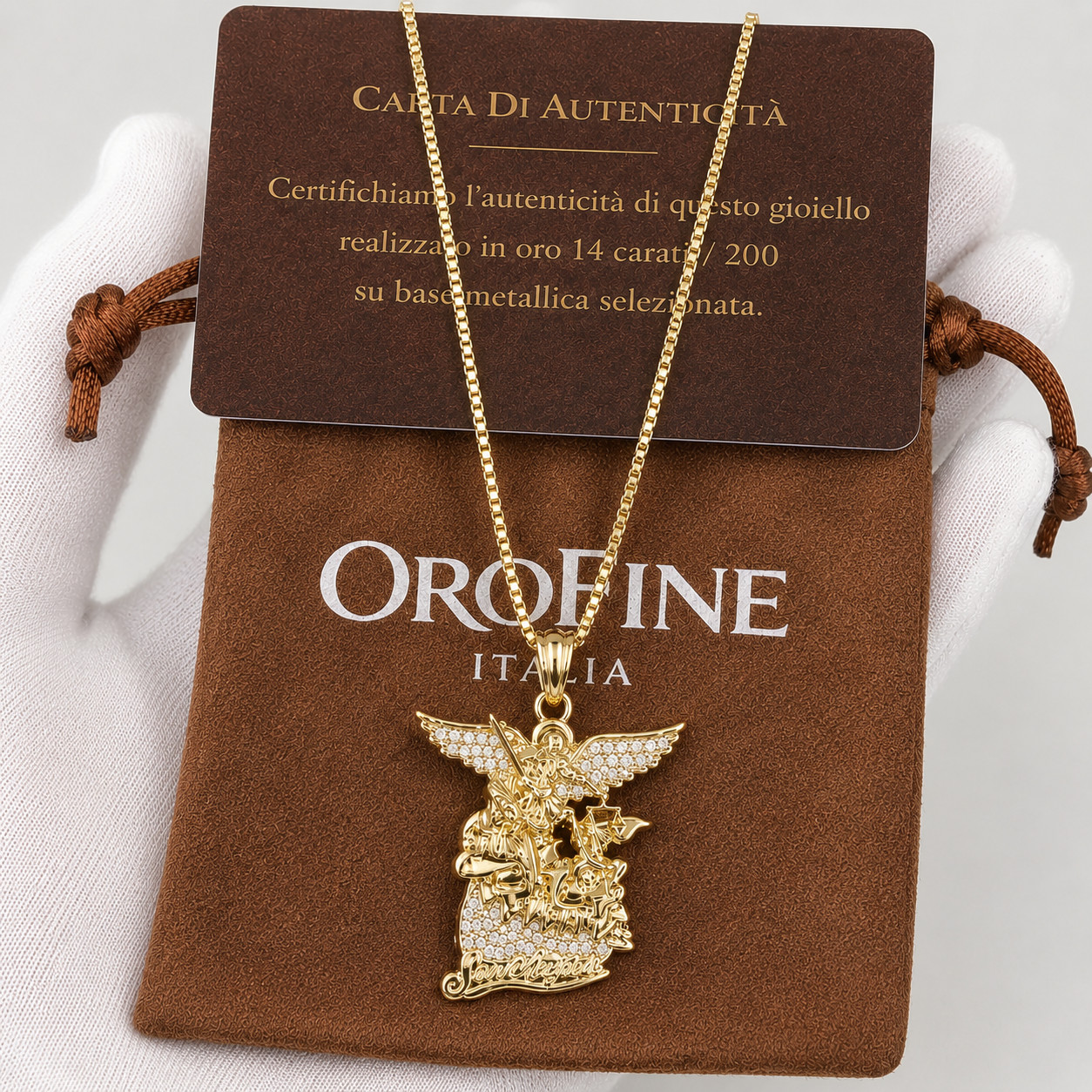 Italian 1/200 14k Yellow Gold Oro St Michael Iced CZ Pendant Necklace Cadena