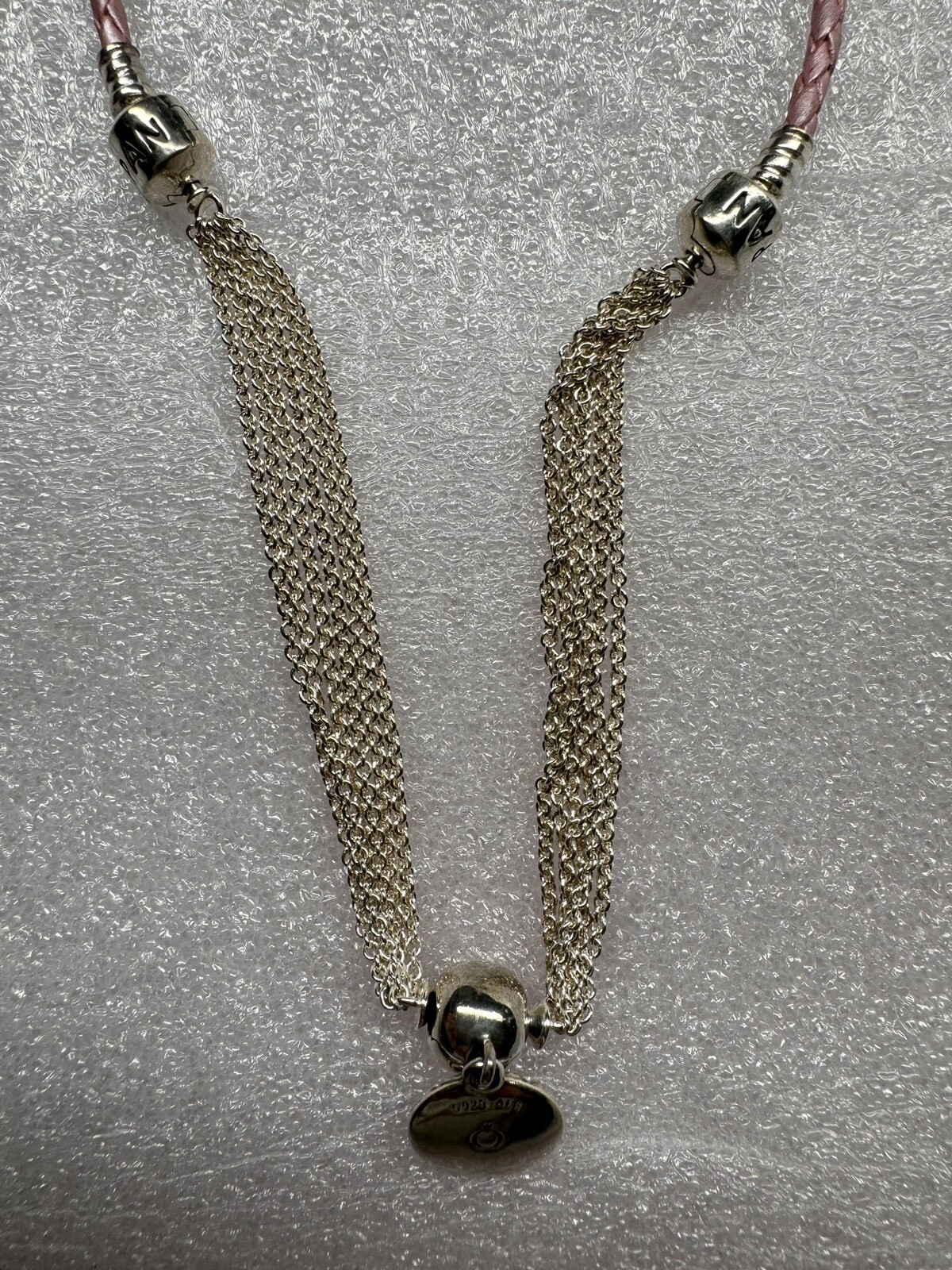 Pandora 15″ Pink Braided Leather Choker Chain Necklace Dangle Charm