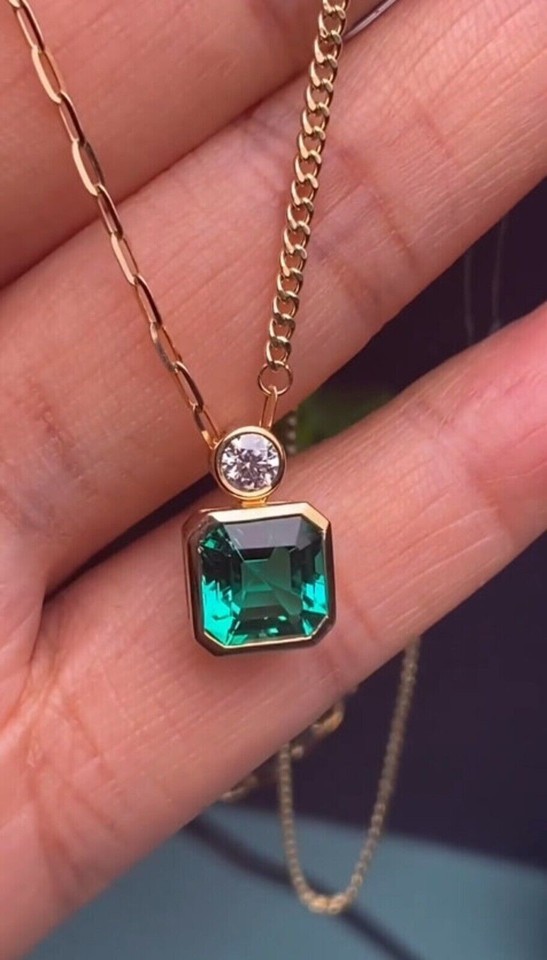 2Ct Asscher Cut Lab-Created Emerald Solitaire Pendant 14K Yellow Gold Plated 18